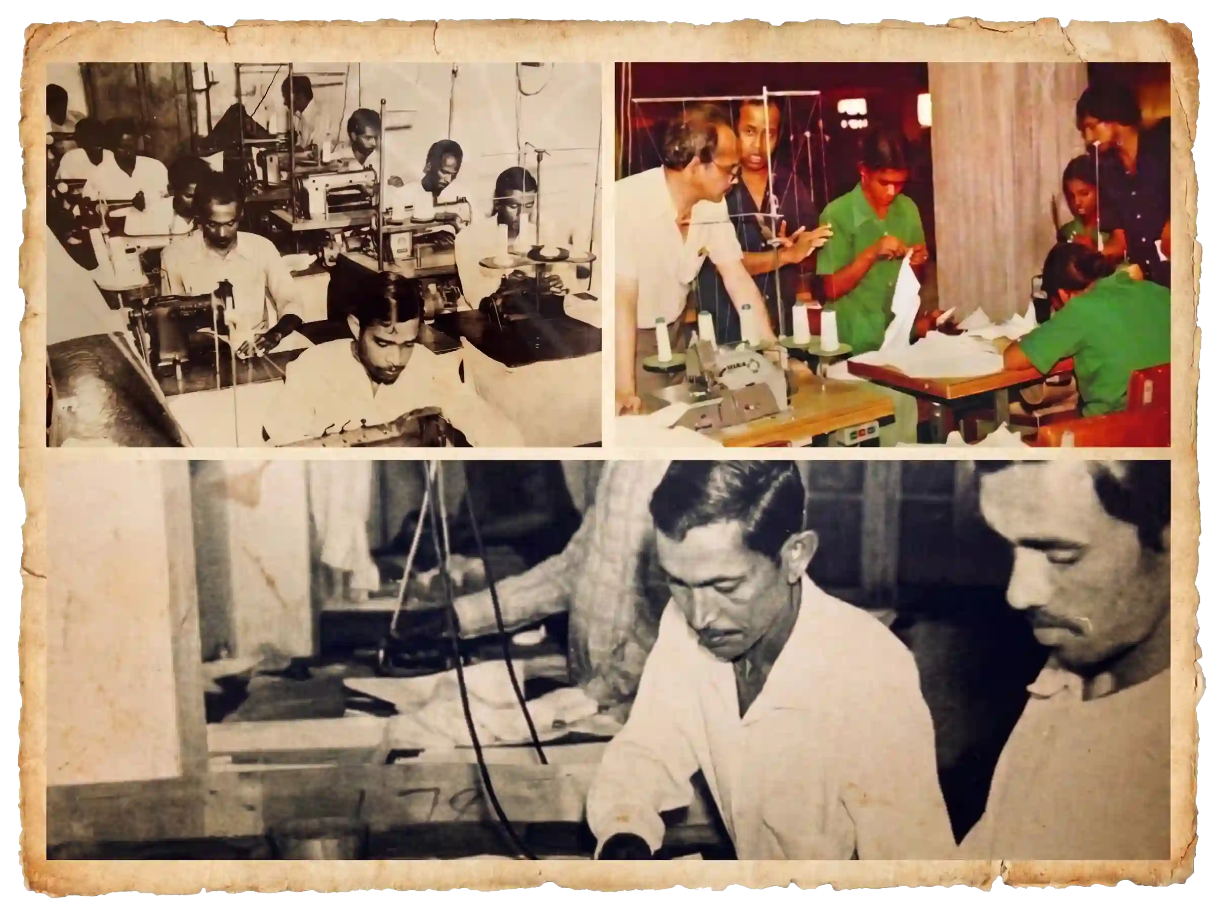 Archival photographs of the family's early years in Bangladesh's Ready-Made Garment trade — a sewing floor, a sampling table, and a cutting room from the 1970s and 80s.